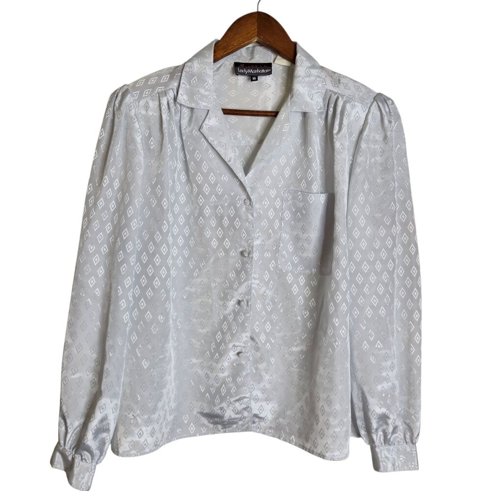 Vintage Lady Manhattan Womens 16 White Jacquard Satin LS Blouse Coquette